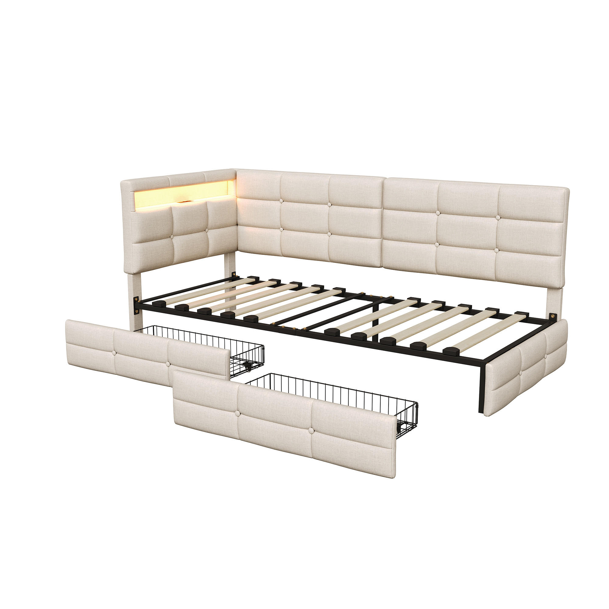 BETT 90x200 cm mit L-förmigem Kopfteil, 2 Schubladen, USB-Ladeanschluss, LED-Licht, Leinenstoff, Beige - Beige, Holz (90/200cm) - BRILVERDE