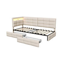 BETT 90x200 cm mit L-förmigem Kopfteil, 2 Schubladen, USB-Ladeanschluss, LED-Licht, Leinenstoff, Beige - Beige, Holz (90/200cm) - BRILVERDE