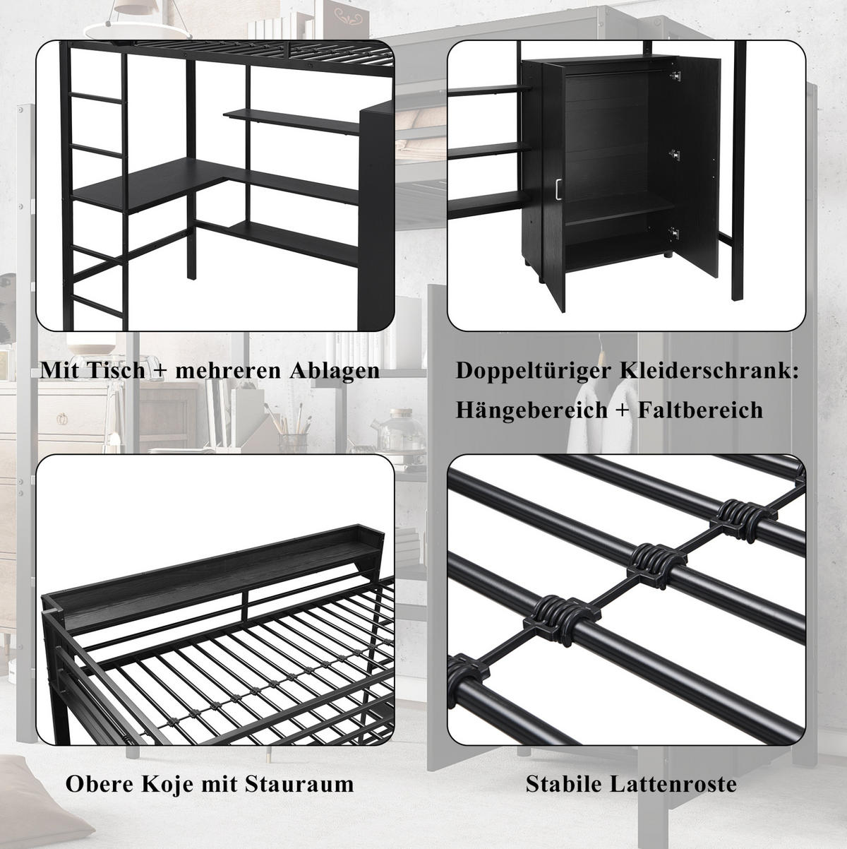 ETAGENBETT 90/200 cm mit Tisch, Kleiderschrank und 5-stufiger Leiter, Schwarz - Weiß, Metall (90/200cm) - Redom