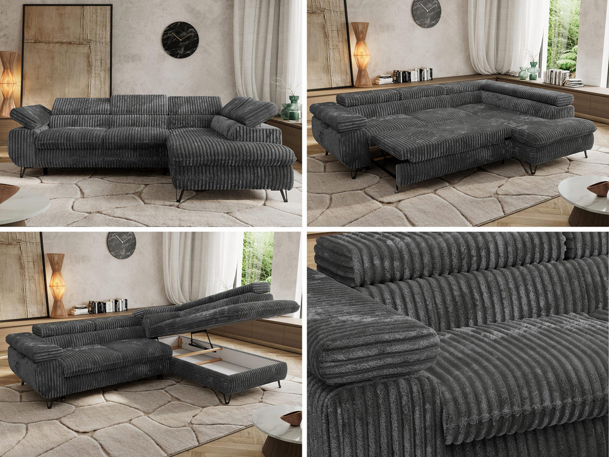 ECKSOFA PABLO L Dunkelgrau Cord - Rechts Seite mit Visco Topper - Dunkelgrau/Schwarz, Textil/Metall (273/208cm) - MKS