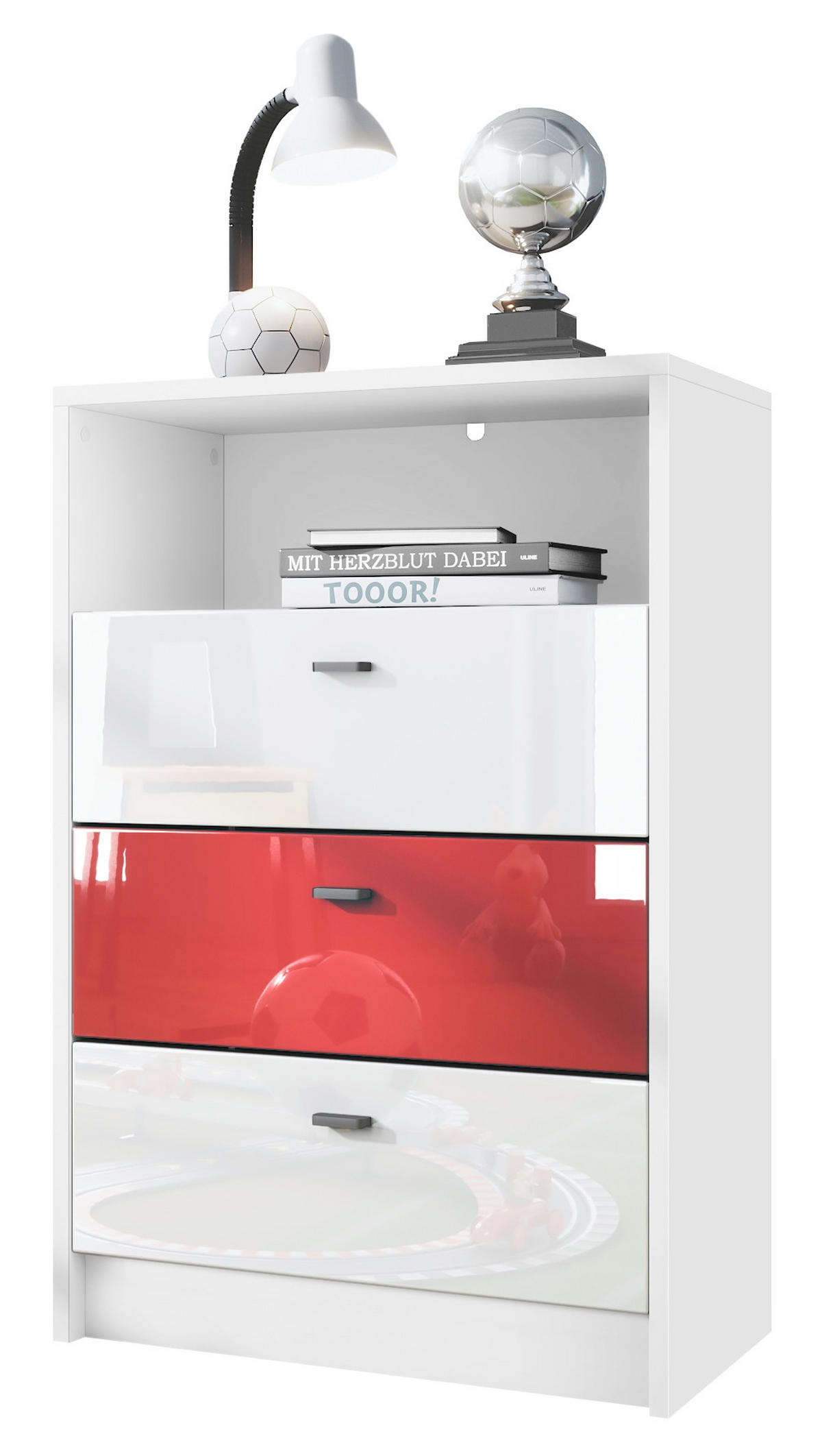 KOMMODE Pino Fronten Weiß, Rot & Weiß - Weiß, Holzwerkstoff (56/86/36cm) - Vladon
