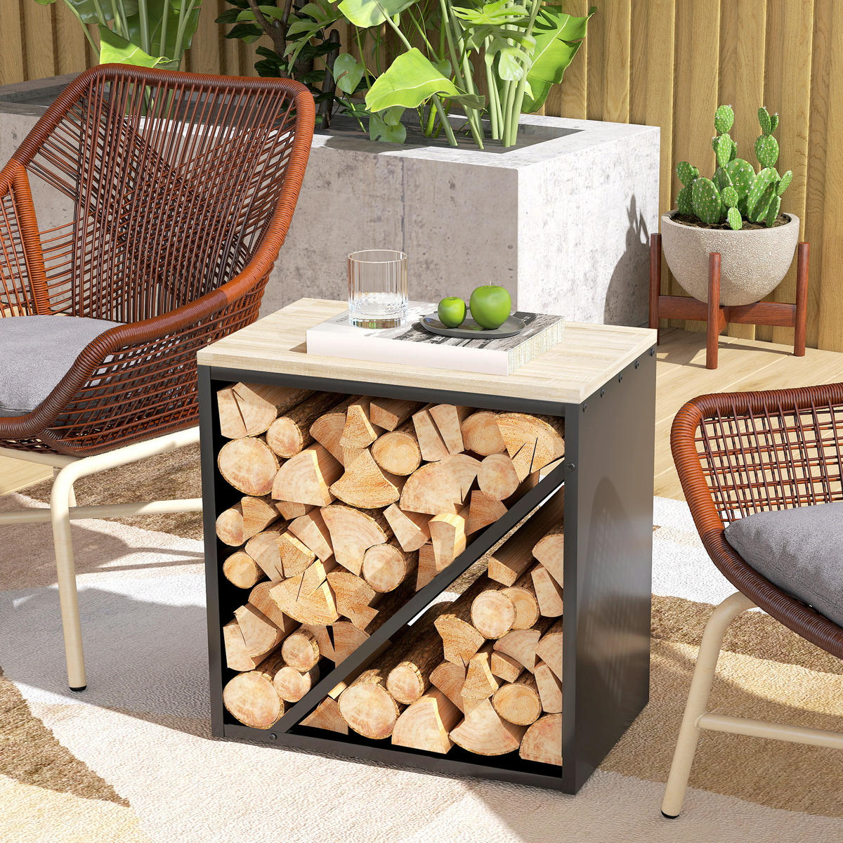 KAMINHOLZREGAL 2-in-1 für innen 58 x 36 x 60cm Brennholzregal Metall - Schwarz, Metall (36/60/58cm) - Outsunny