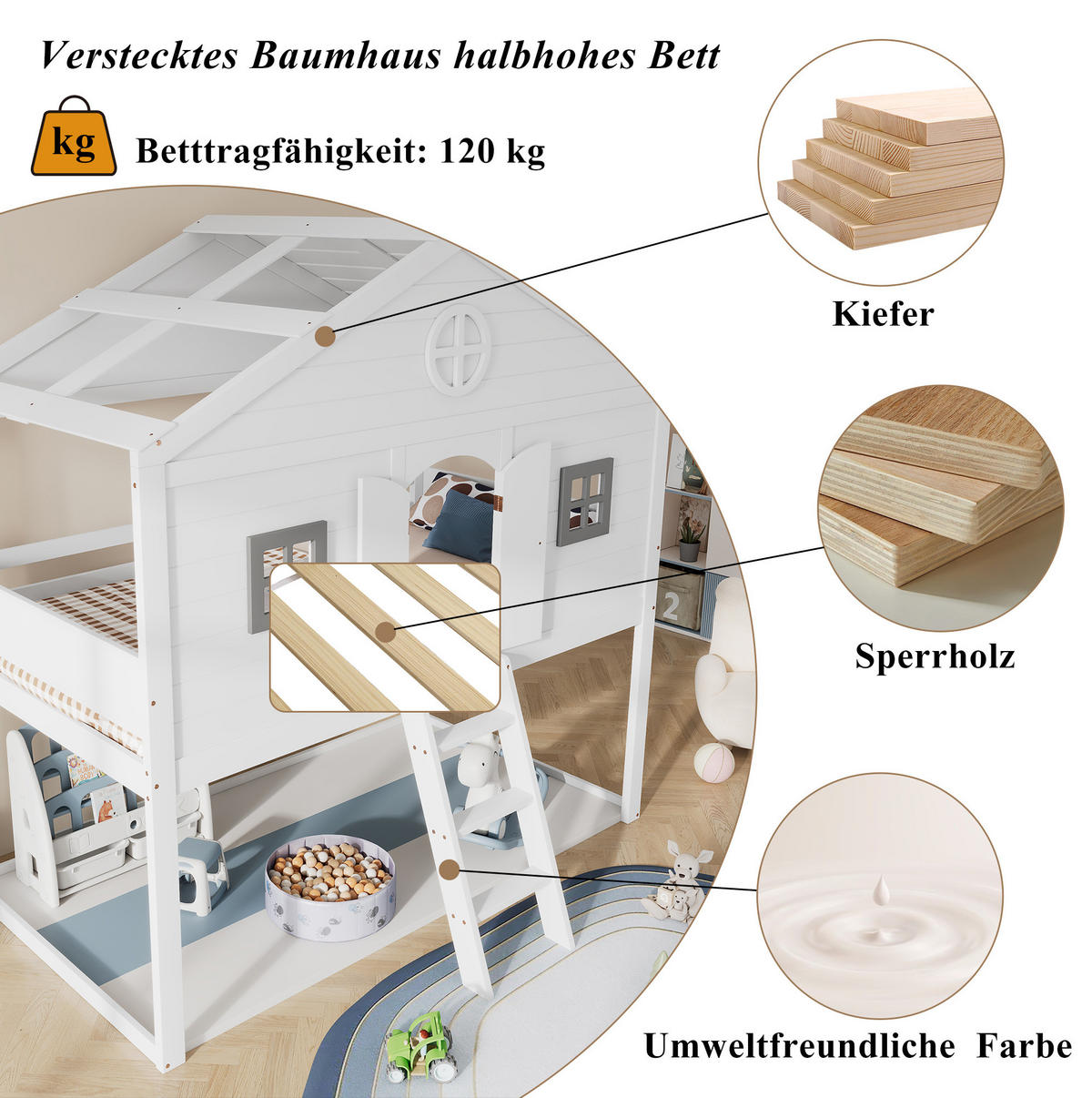 HOCHBETT mit Treppe und Gitter, 90/200 cm, Weiß/Grau - Weiß, Holz (90/200cm) - MIVRAY