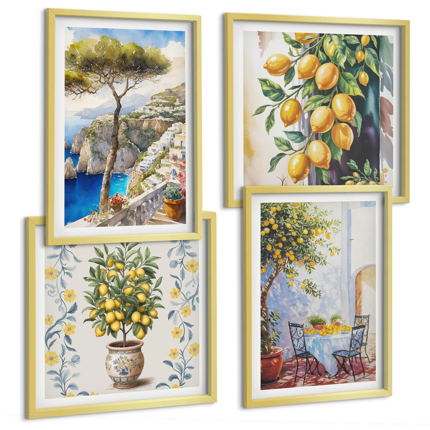 BILDER SET 4er Set - 50x50 cm & 40x60 cm Goldrahmen - Zitronenbäume am Meer - Goldfarben, Kunststoff (50/50cm) - TULUP