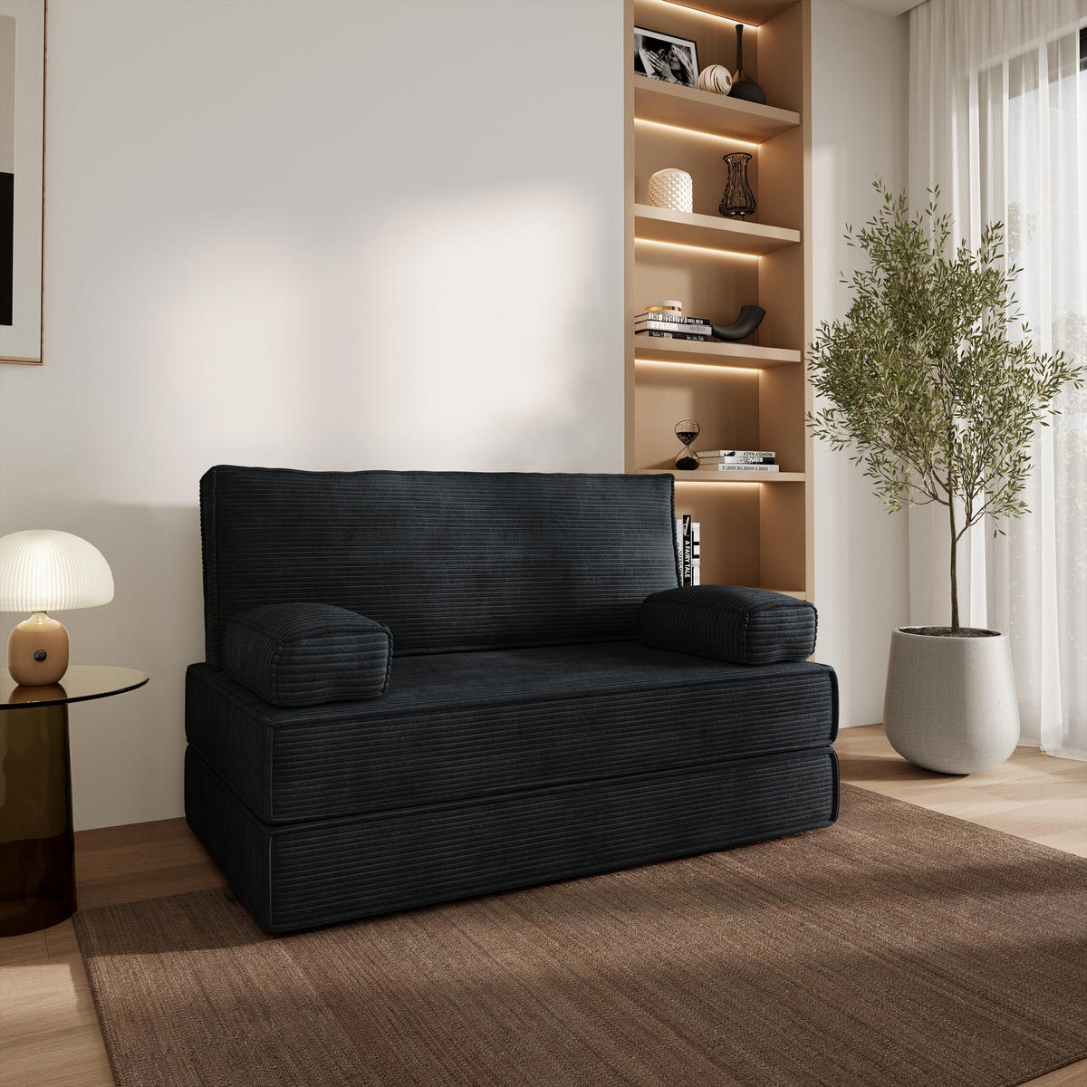 BETTSOFA LADIA aus Schaumstoff Cordstoff Schwarz Schlaffunktion - Schwarz, Textil (140/86/60cm) - MASSENO