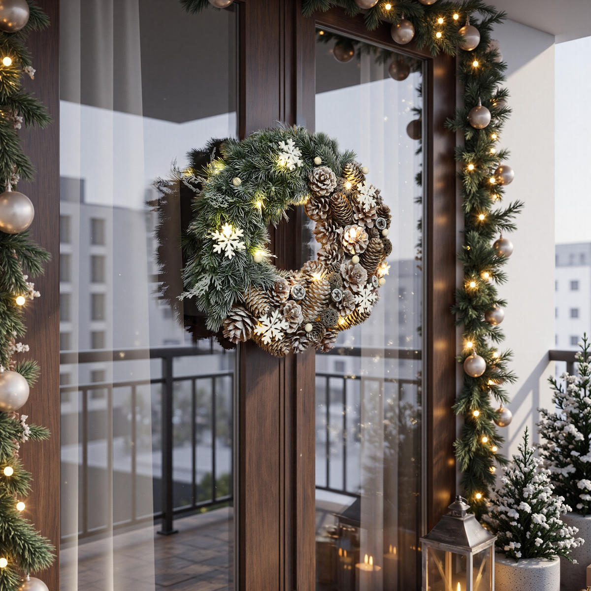 WEIHNACHTSKRANZ mit LED Beleuchtung & Timer - Dunkelgrün, Naturmaterialien (35cm) - Hometopia