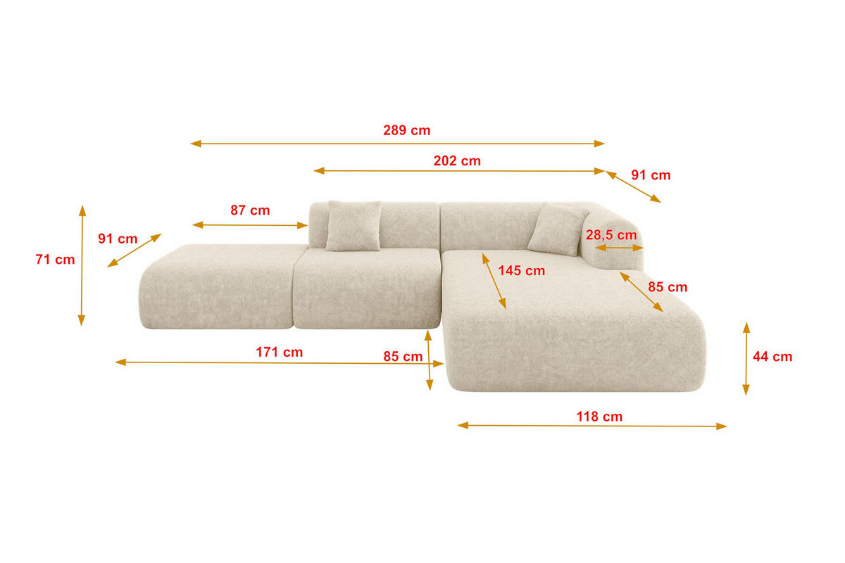 ECKSOFA Ottomane Rechts OVLY-L 289x176x71 Creme Chenille - Ecru/Creme, Holzwerkstoff/Kunststoff (289/176cm) - ALTDECOR