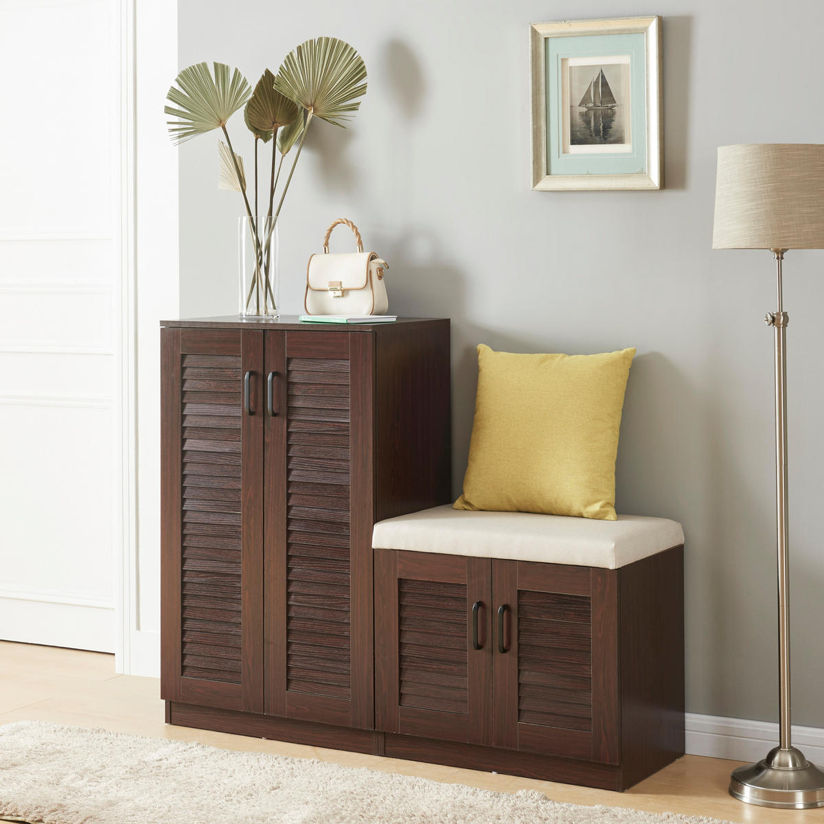 SCHUHSCHRANK Løten mit Sitzbank - Wengefarben, Holzwerkstoff (120/97/36cm) - [en.casa]