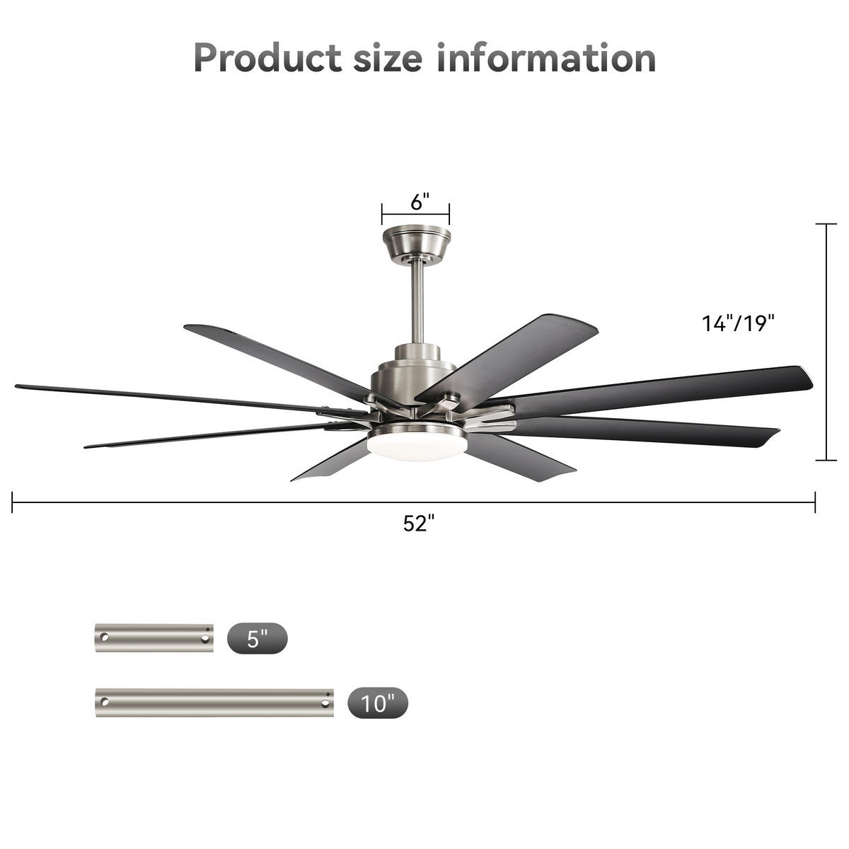 DECKENVENTILATOR 52Zoll LED Licht 8 ABS Flügel Fernbedienung - Schwarz, Kunststoff (132.08/132.08/26.8cm) - CASIVA