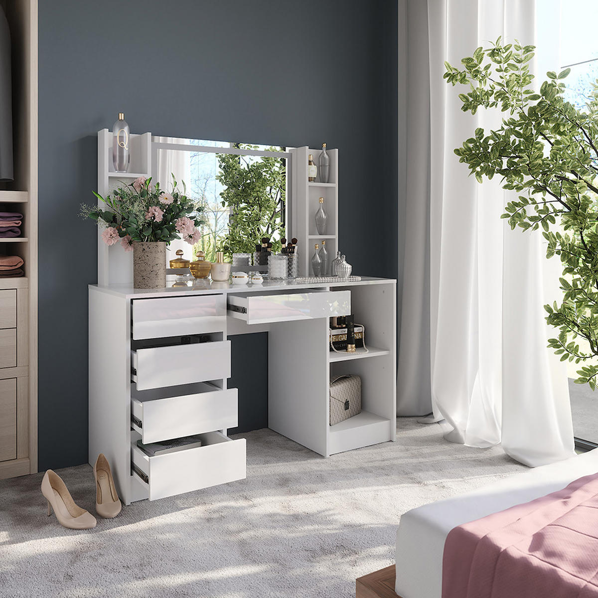 SCHMINKTISCH Sherry Weiß/Weiß Hochglanz 128.2 cm mit LED-Spiegel - Weiß Hochglanz, Holzwerkstoff (128.2/76/50.1cm) - Vicco