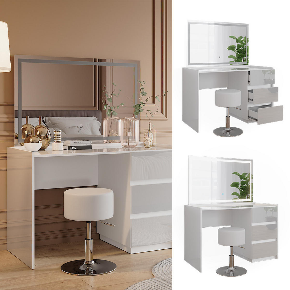 SCHMINKTISCH Marla Weiß Hochglanz 120 cm mit LED-Spiegel und Hocker - Weiß Hochglanz, Holzwerkstoff (120/78.6/60cm) - Vicco