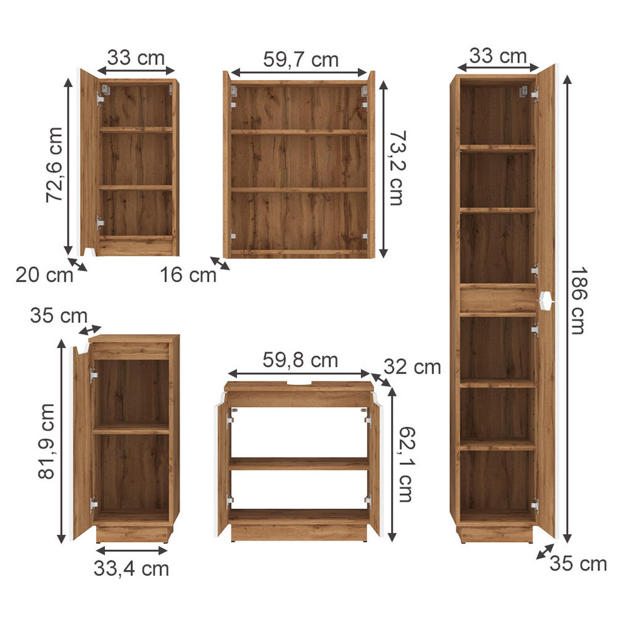 BADMÖBEL-SET Lotta Eiche/weiß gestreift 5 Teile - Eichefarben/Weiß, Holzwerkstoff (59.8/62.1/32cm) - Vicco