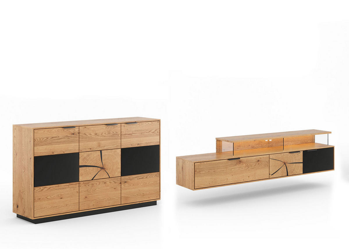 WOHNWAND Tirano 2er-Set Eiche Natur / Schwarz / Hirnholz - Eichefarben/Multicolor, Holz/Metall (354/84/39cm) - Feldmann-Wohnen