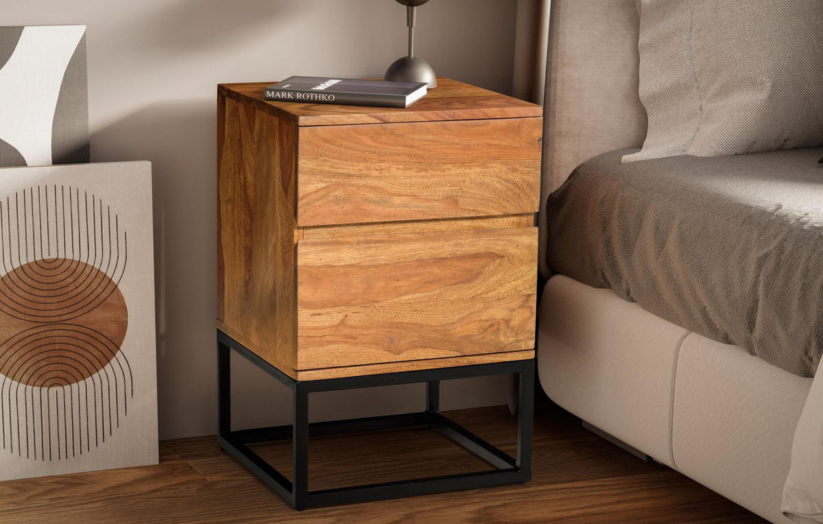 NACHTTISCH – Massivholz/Metall, 40x38x60 cm, 2 Schubladen, Industrial-Stil - Sheeshamfarben/Schwarz, Holz/Metall (40/60/38cm) - KADIMA DESIGN