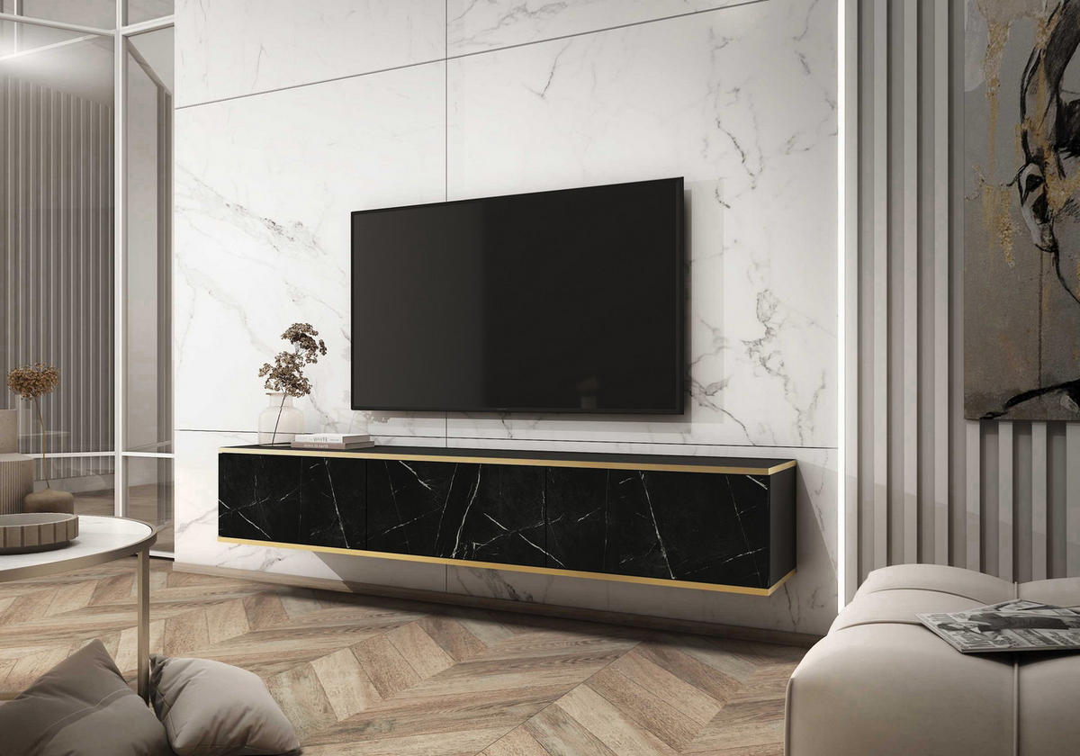 HÄNGELOWBOARD - Dayn RTV-175 - Schwarz Marmor - Schwarz/Weiß, Holzwerkstoff (175/30/32cm)