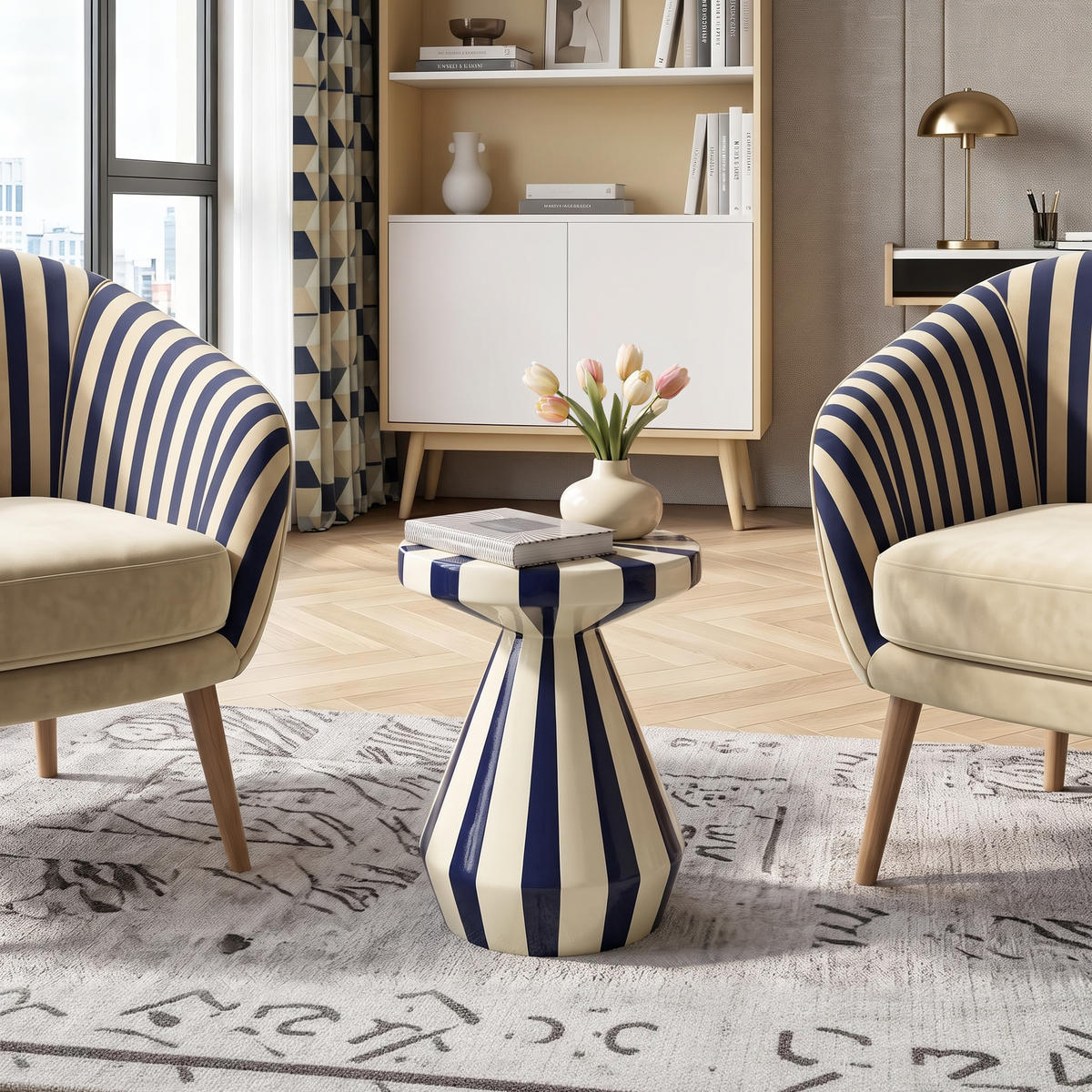 BEISTELLTISCH Rund Magnesiumoxid (MgO) mit Marineblau-Creme Gestreift - Blau, Naturmaterialien (34/34/40cm) - Hometopia