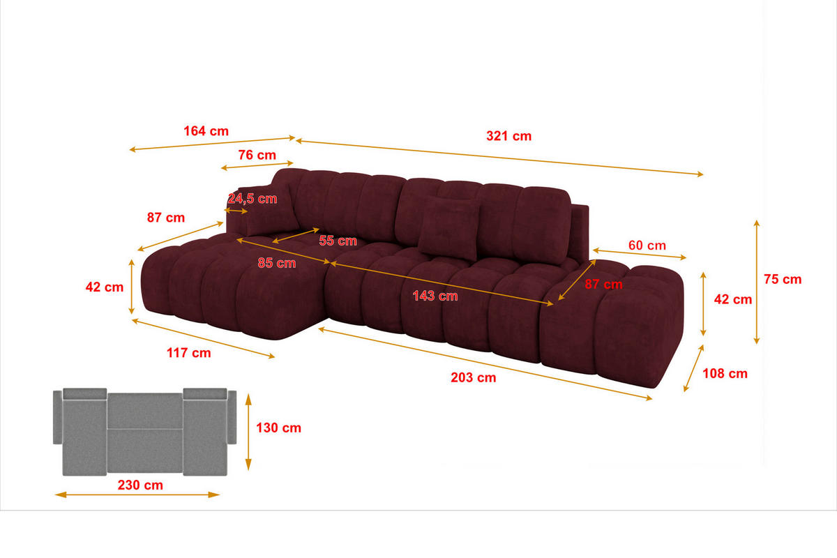 ECKSOFA mit Schlaffunktion Ottomane Links OLEA-L2 321x164x75 Bordeauxrot Velours - Bordeaux/Schwarz, Holzwerkstoff/Kunststoff (321/164cm) - ALTDECOR