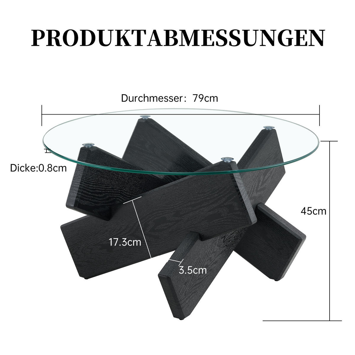 COUCHTISCH 79 cm aus Glas und MDF mit kreuzförmigem Gestell - Schwarz, Holzwerkstoff (79/79/45cm) - BEAOK