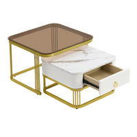COUCHTISCH 60/60/44.5+50/50/34.5 cm in Weiß/Gold aus MDF mit Schublade - Weiß, Holzwerkstoff (60/60/45cm) - OKMYHOME