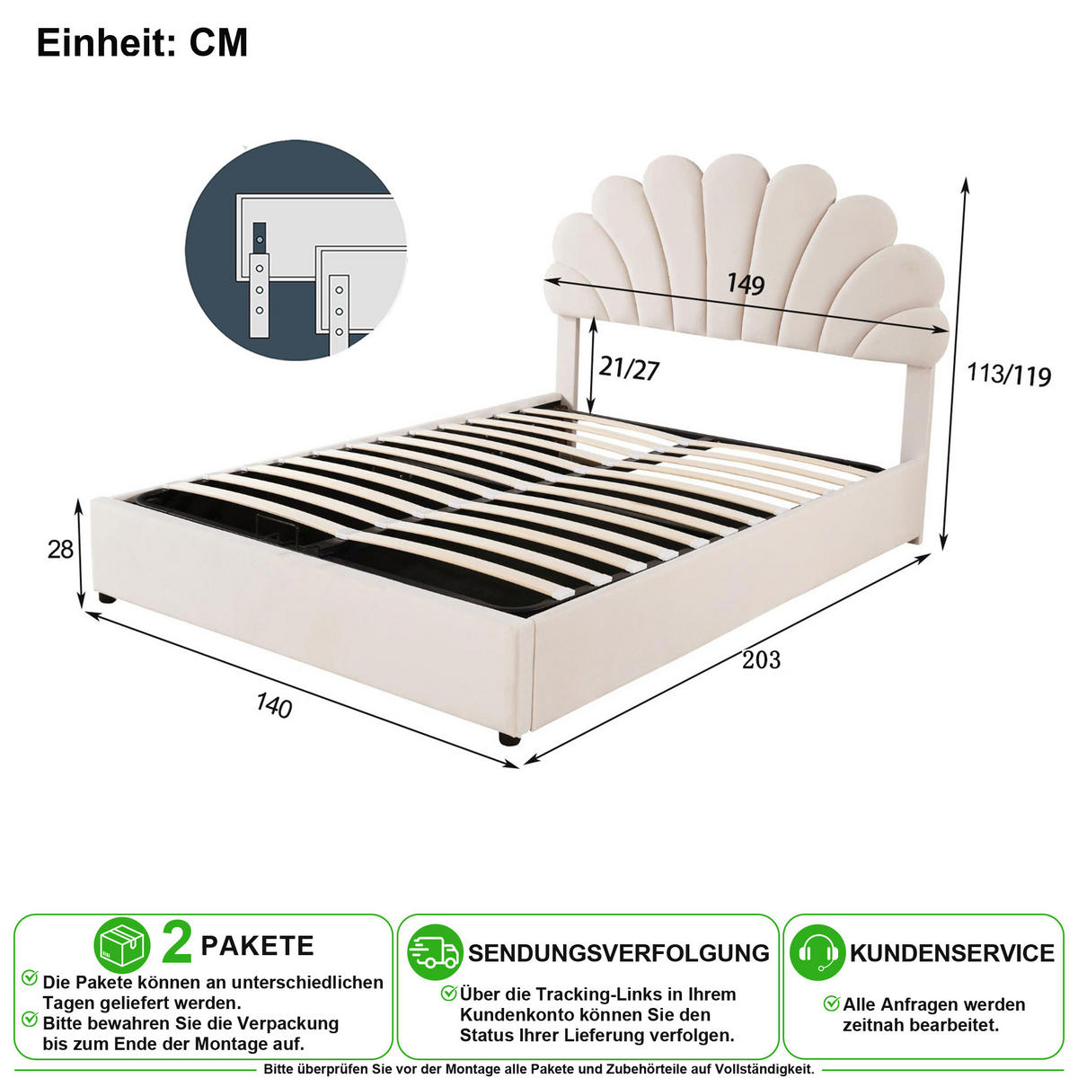 ČALOUNĚNÁ POSTEL 140/200 cm v béžové barvě se sametovým čelem a úložným prostorem - béžová, kov/kompozitní dřevo (140/200cm) - CHICFURN