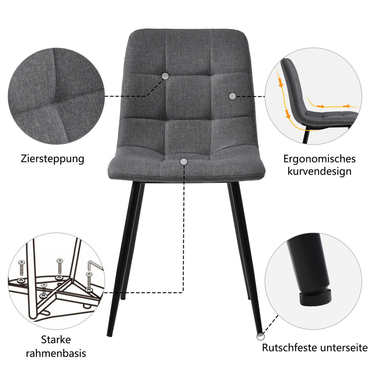 ESSZIMMERSTUHL 4er-Set ergonomisch 44 x 41 x 86 cm Leinen Gray - Grau, Metall (44/86/46cm) - Meubliv