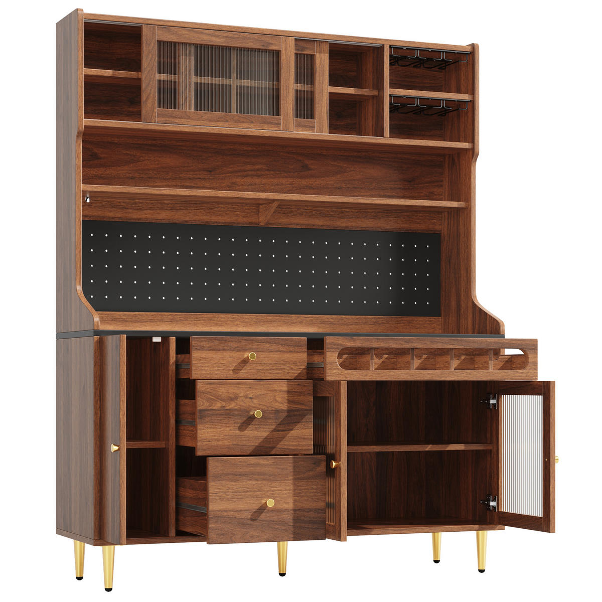 BUFFET 145/39/171 cm in Walnuss mit LED-Beleuchtung und Weinregal - Walnussfarben, Glas (145/171/39cm) - Flora Grace