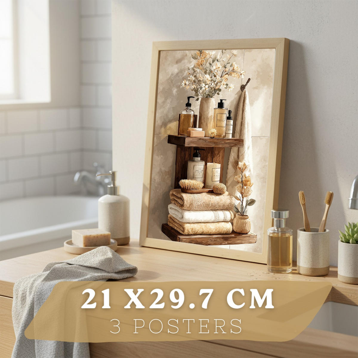 POSTER 3er-Set dekorative Badezimmerdrucke, natürlicher Spa-Stil, minimalistische Bilder mit Blumen Zen-Poster, Wohndekoration Leichter Holzrahmen A4 - Beige, Papier (29.7/21/3cm) - Nacnic