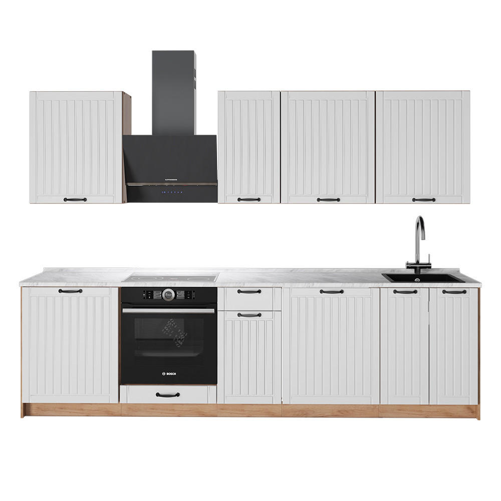 KÜCHENZEILE Fame-Line, Weiß Landhaus/Goldkraft Eiche, 280 cm, AP Marmor - Honigeiche/Weiß, Holzwerkstoff (280/82/60cm) - Vicco