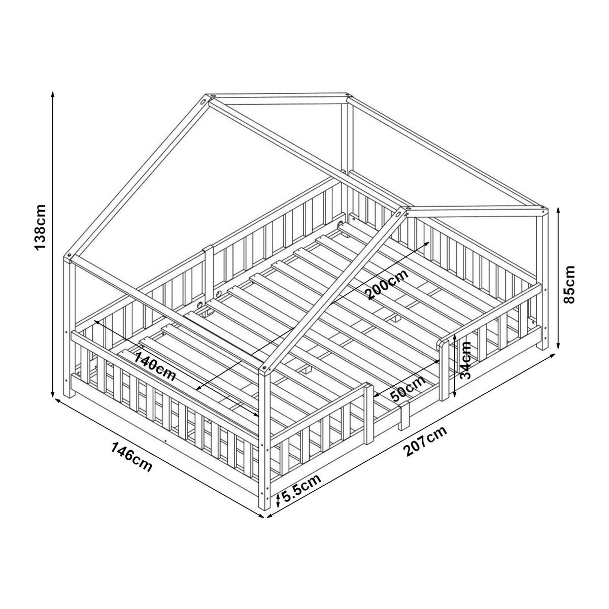 HAUSBETT Treviolo mit Matratze - Weiß/Mintgrün, Holz/Textil (140/200cm) - [en.casa]