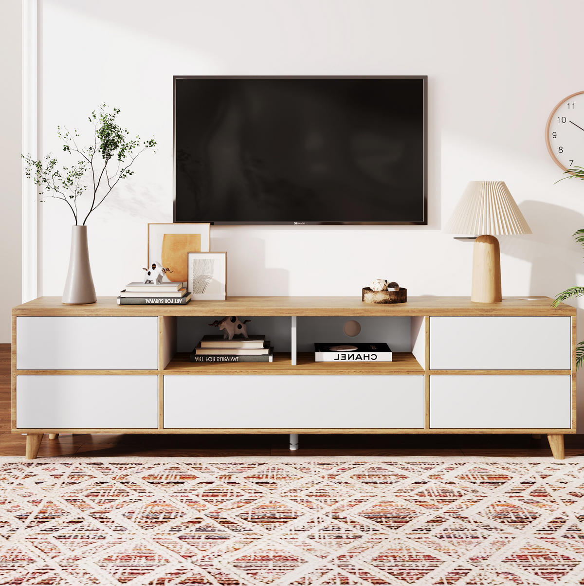 TV-LOWBOARD aus MDF 175x37x51 cm Weiß und Holzfarben mit 4 Türen, offenen Fächern und Holzfüßen - Naturfarben, Holzwerkstoff (175/51/37cm) - Modfu