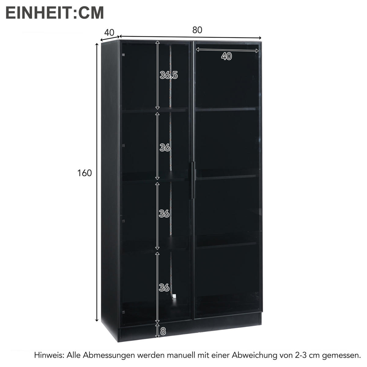 VITRINA 80/40/160 cm črna z LED osvetlitvijo in steklenimi vrati - črna, leseni material (40/160/80cm) - BEAOK