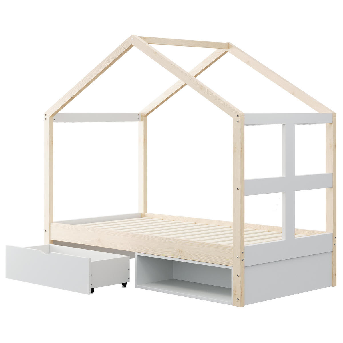 HAUSBETT 90/180 cm Weiß/Holzfarben aus Holz mit LED und Stauraum - Eichefarben, Holzwerkstoff (90/190cm) - OKWISH