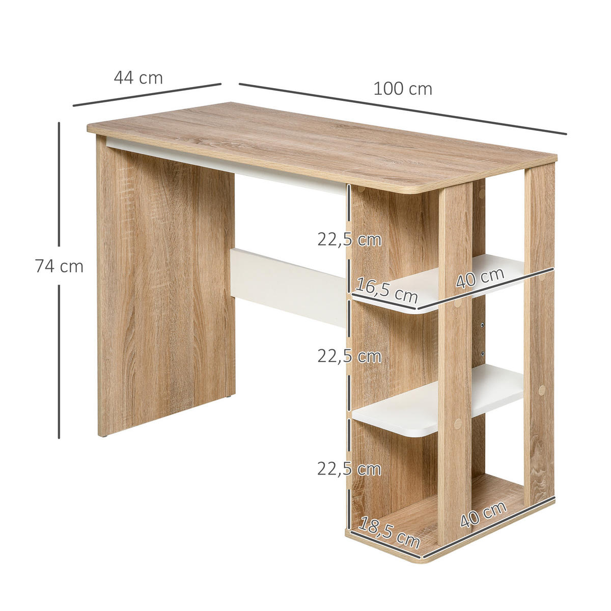 SCHREIBTISCH Eichefarben und Weiß mit 3 Regalfächern 100/44/74 cm - Beige, Holz (44/100/74cm) - PANGIVO