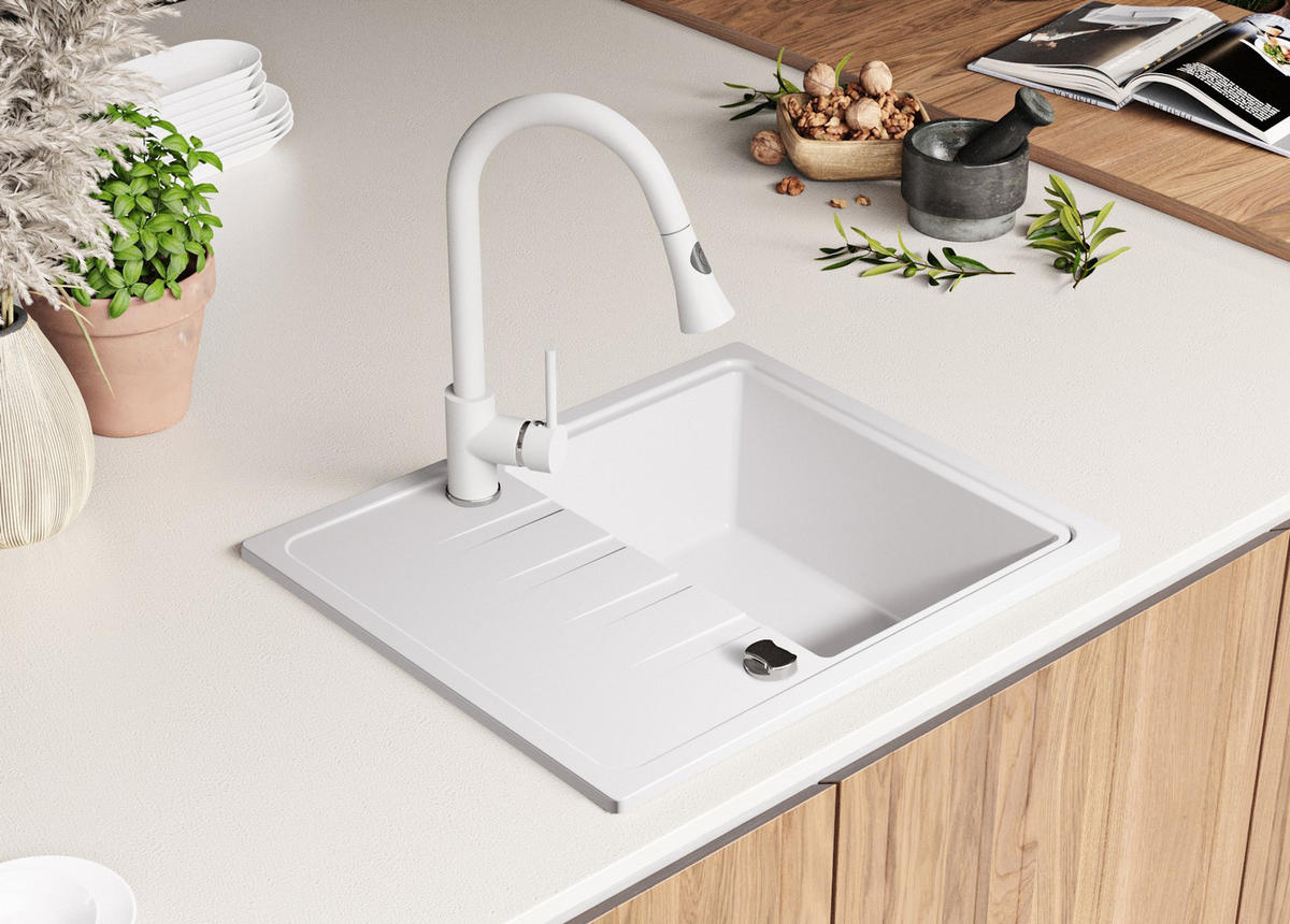 SPÜLBECKEN Mailand, 2-er set Weiß 62/50 cm 1 Becken + Ablauf-Set ab 40er Unterschrank - Chromfarben/Weiß, Kunststoff (62/19/50cm) - Primagran