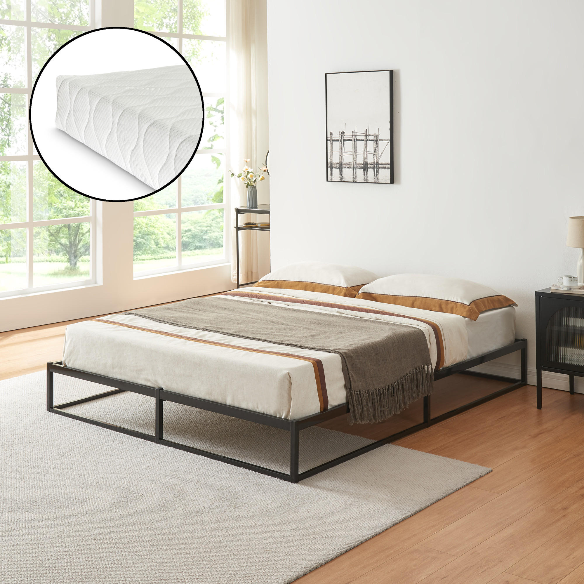 METALLBETT Trerunta mit Matratze - Schwarz/Weiß, Textil/Metall (160/200cm) - [en.casa]