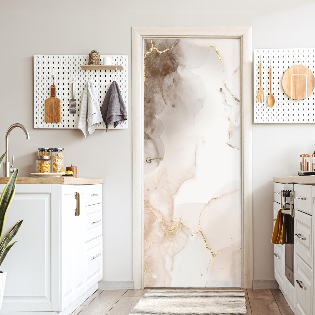 TÜRAUFKLEBER Selbstklebend - Marmor - Braun - Linie 80x205 cm - Türtapete - Champagner, Kunststoff (80/0.1cm) - MuchoWow