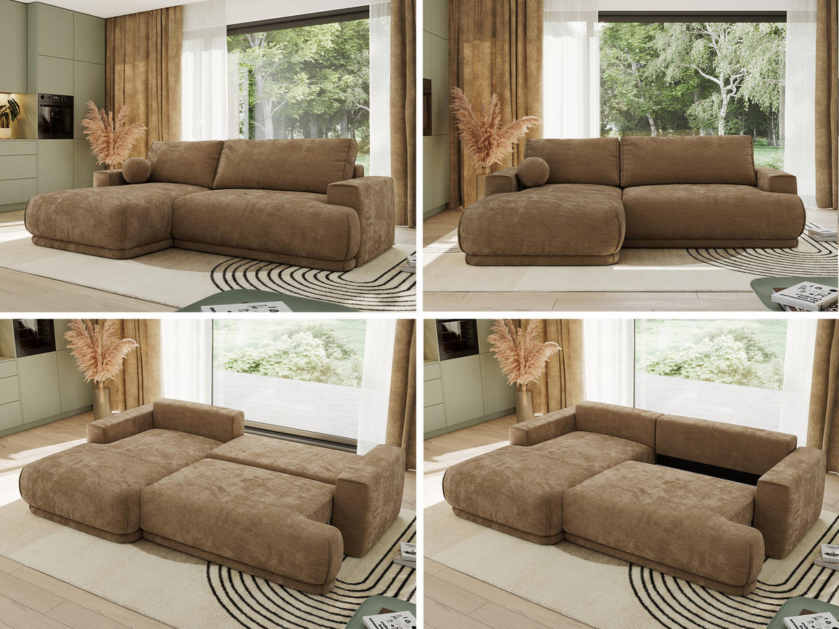 ECKSCHLAFSOFA RINA L Braun Schenille glatt - links - Schwarz/Braun, Kunststoff/Textil (267/170cm) - MKS