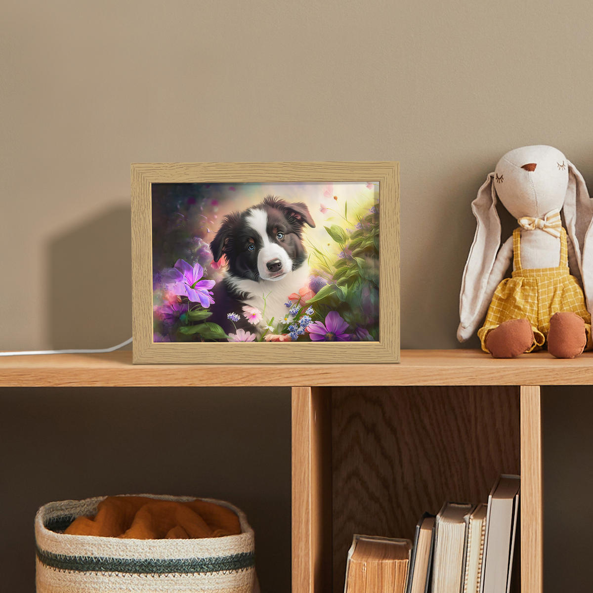 NACHTTISCHLAMPE Welpe - Sonne - Blumen - Natur - Border Collie - Hund 20x15 cm - Violett, Holzwerkstoff (8/20/15cm)