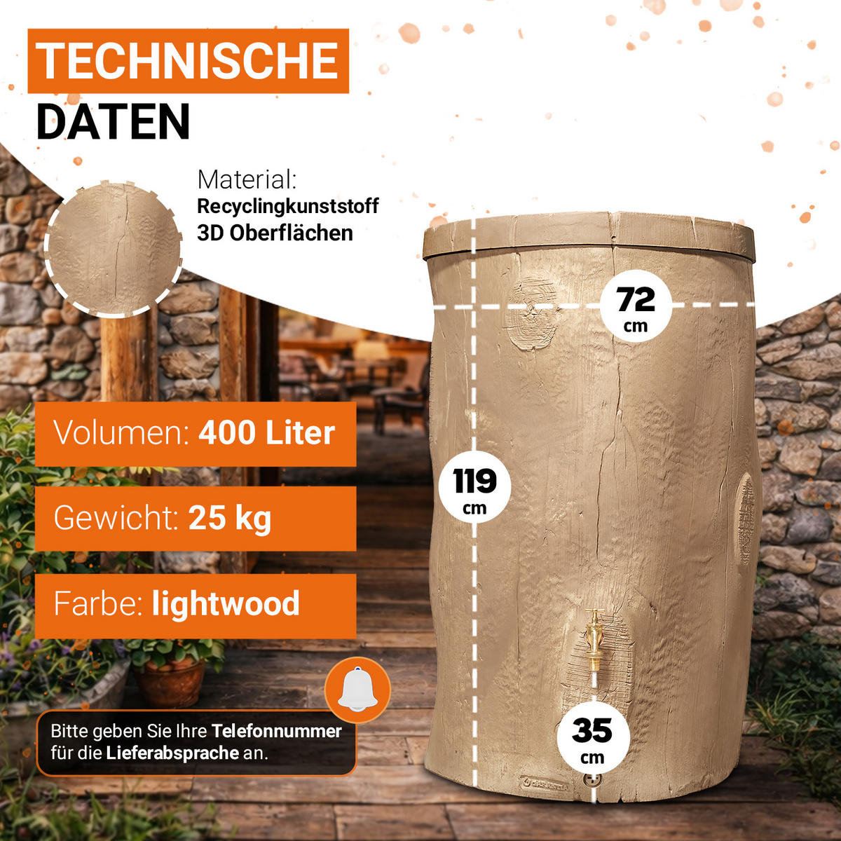 STOCK Regentonne 400 L, light - Braun, Kunststoff (72/119/72cm) - GARANTIA
