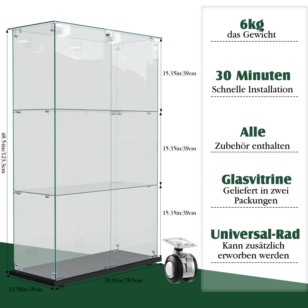 GLASVITRINE, stehend mit 3 Einlegeböden, Touch-LED, Doppeltür mit Schloss, Schwarz - Schwarz, Glas (78.5/123.3/35cm) - BRILVERDE