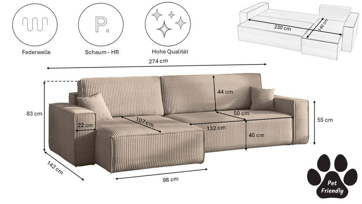 ECKSOFA Mit Schlaffunktion Und Bettkasten, Eckcouch BEST XL Stoff Poso Dicker Cord Dunkelbeige Links - Beige/Schwarz, Holz/Kunststoff (142/274cm) - Kaiser Möbel