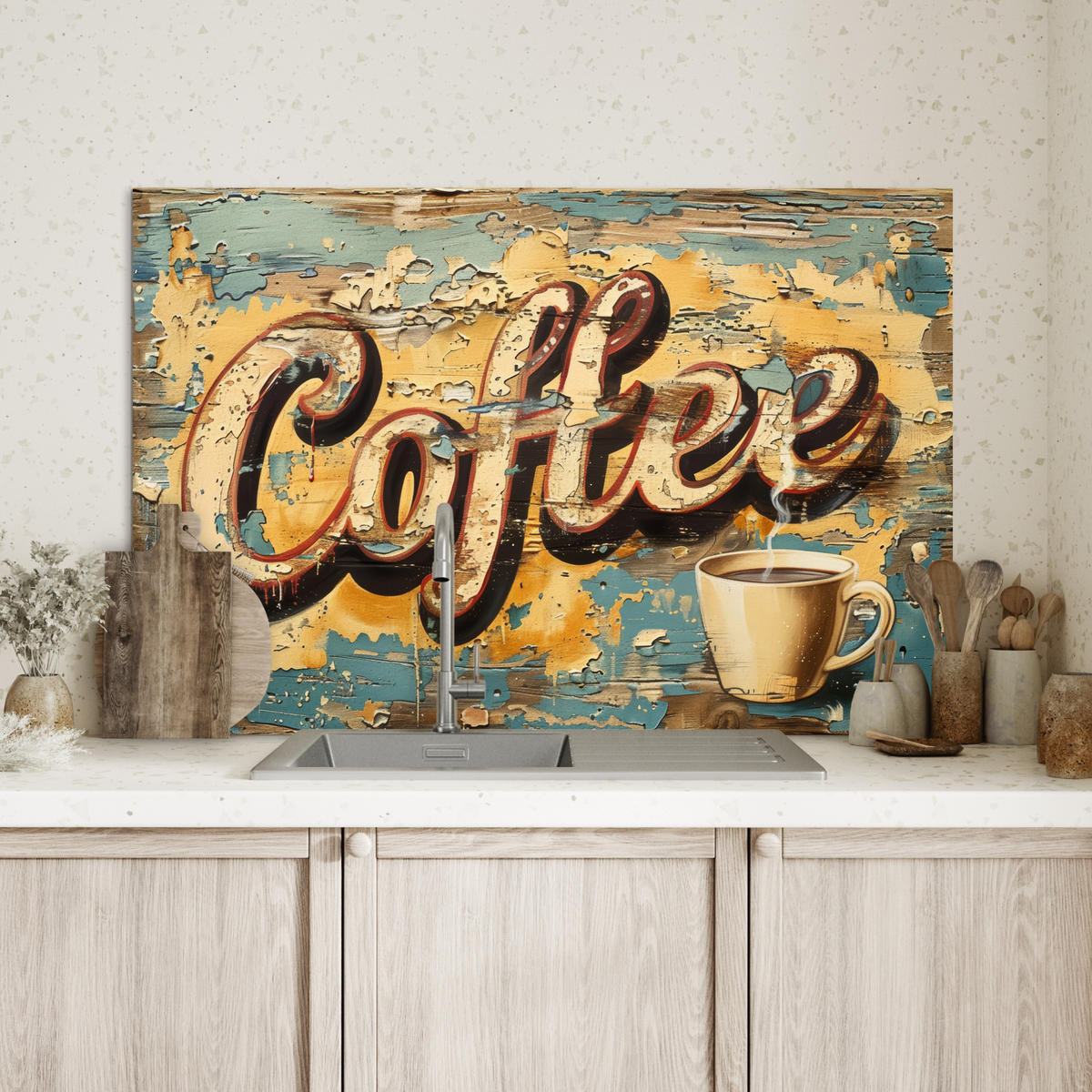 SPRITZSCHUTZ KÜCHE Kaffee - Vintage - Braun - Tasse 90x60 cm - Teakfarben, Metall (90/0.3/60cm) - MuchoWow