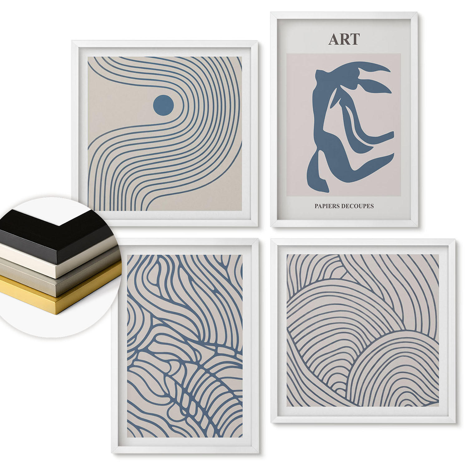 WANDBILDER 4er-Set - 50x50 cm & 40x60 cm Weißer Rahmen - Abstrakte blaue Linien - Weiß, Kunststoff (50/50cm) - ArtPrintCave