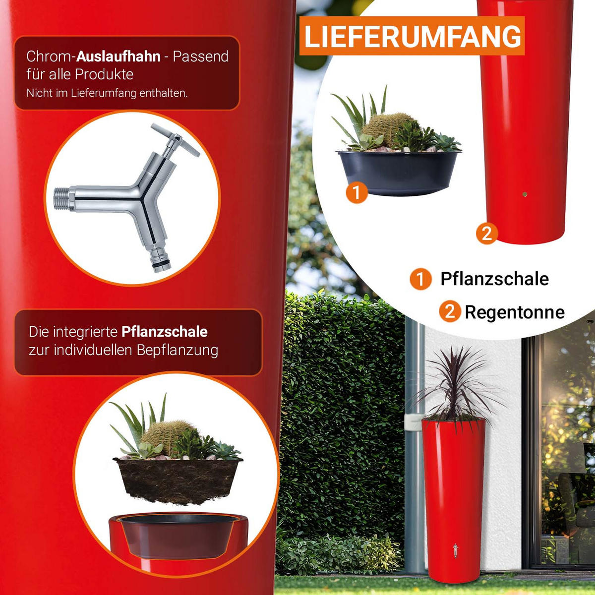 2IN1 Regentonne 350 L, tomato - Rot, Kunststoff (62/150/62cm) - GARANTIA