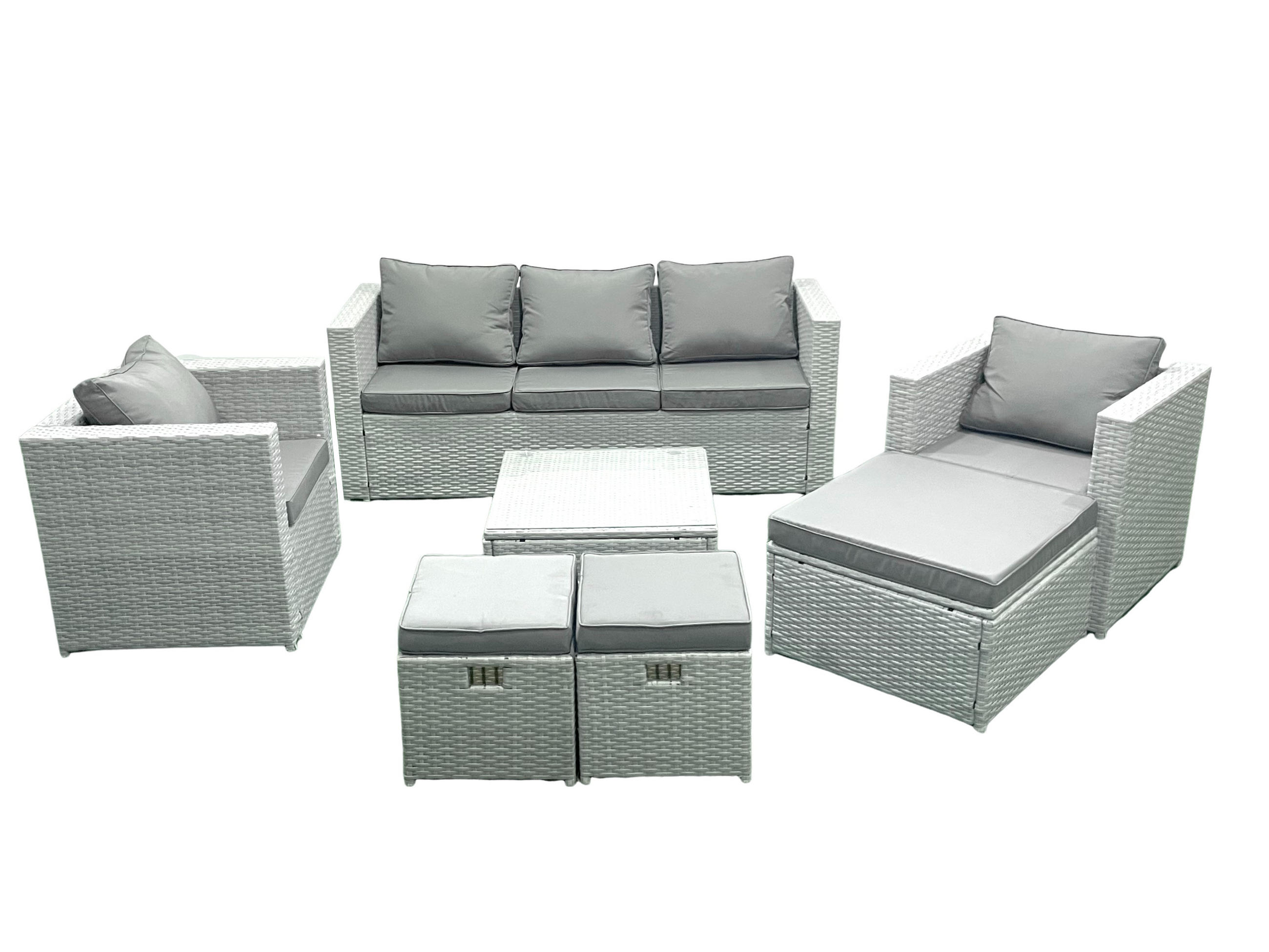 GARTENMÖBEL-SET mit Kissen Polyrattan Hellgrau-Mix 8-Sitzer - Hellgrau/Grau, Glas/Kunststoff - Fimous