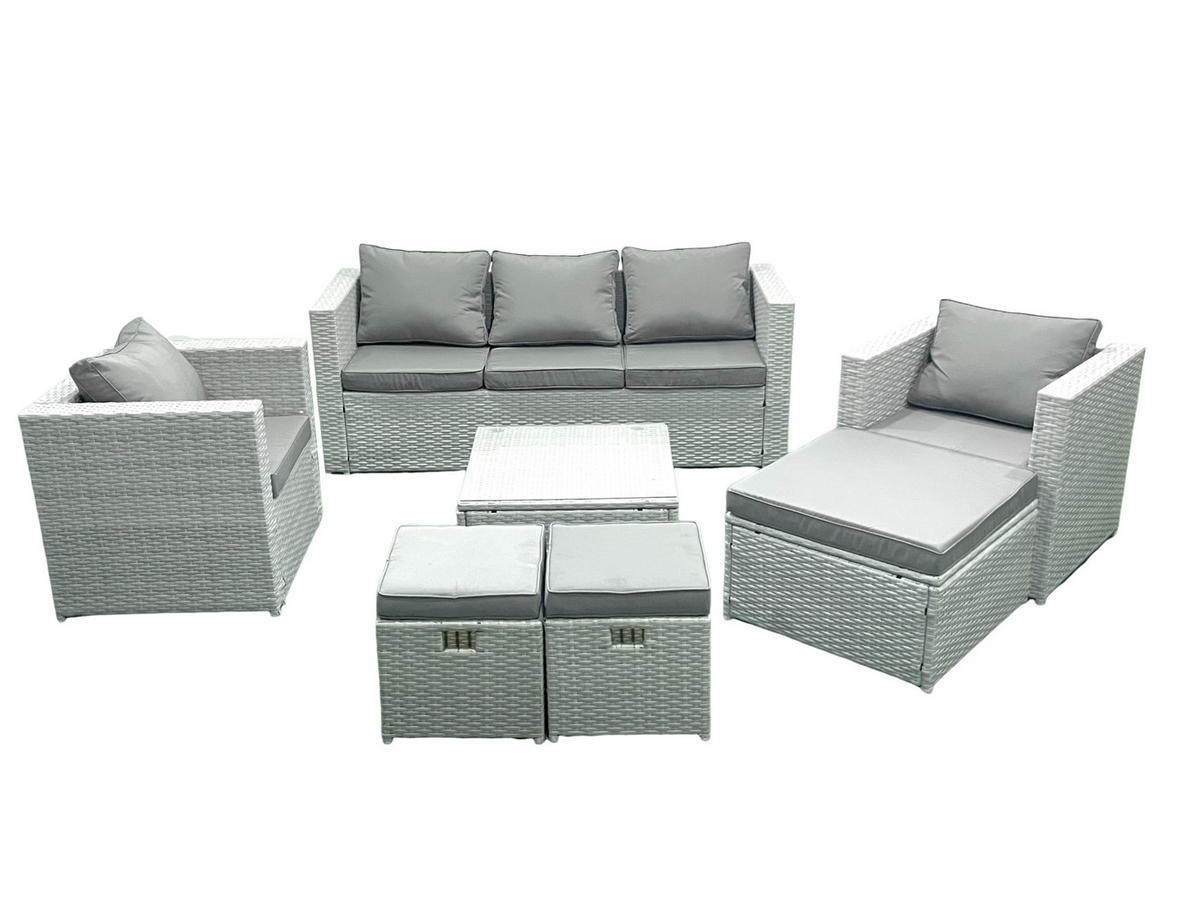 GARTENMÖBEL-SET mit Kissen Polyrattan Hellgrau-Mix 8-Sitzer - Hellgrau/Grau, Glas/Kunststoff - Fimous