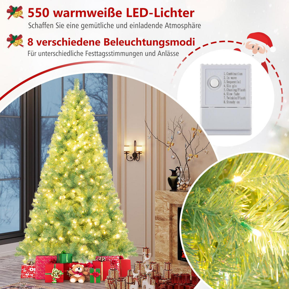 WEIHNACHTSBAUM Tannenform mit warmweißen LEDs 225 cm fruchtgrün - Grün, Metall (225cm) - COSTWAY