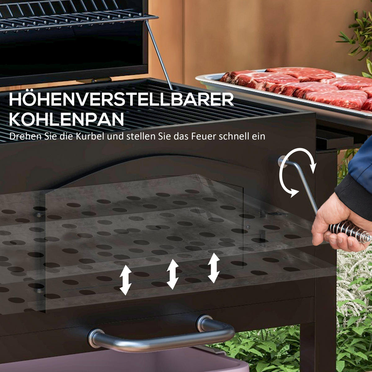 HOLZKOHLEGRILL - Schwarz, Metall (66/112/124cm) - Outsunny