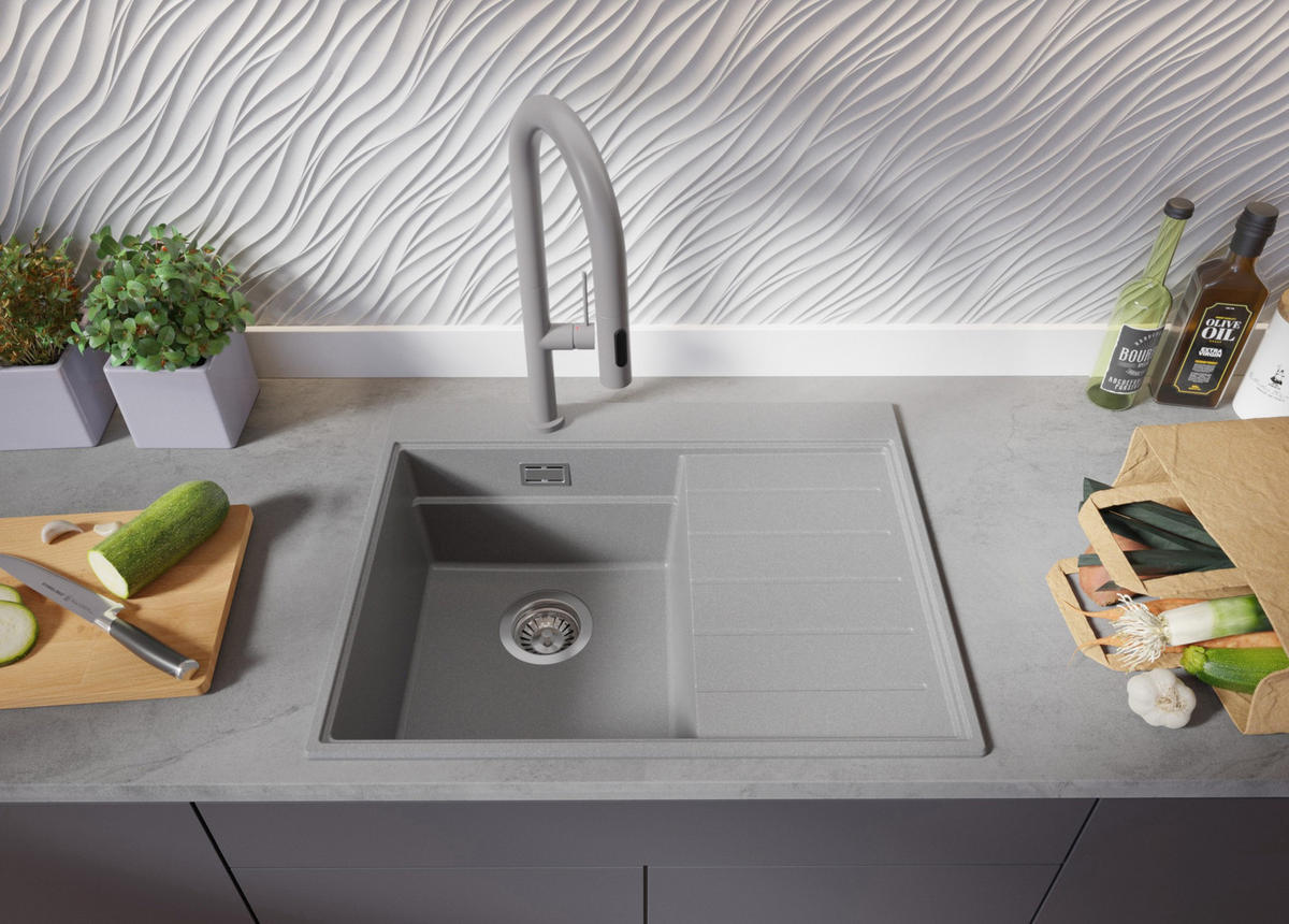 SPÜLBECKEN Sydney, 2-er set Grau 62/50 cm 1 Becken + Ablauf-Set + Küchenzubehörset ab 40er Unterschrank - Chromfarben/Beige, Kunststoff (62/20/50cm) - Primagran