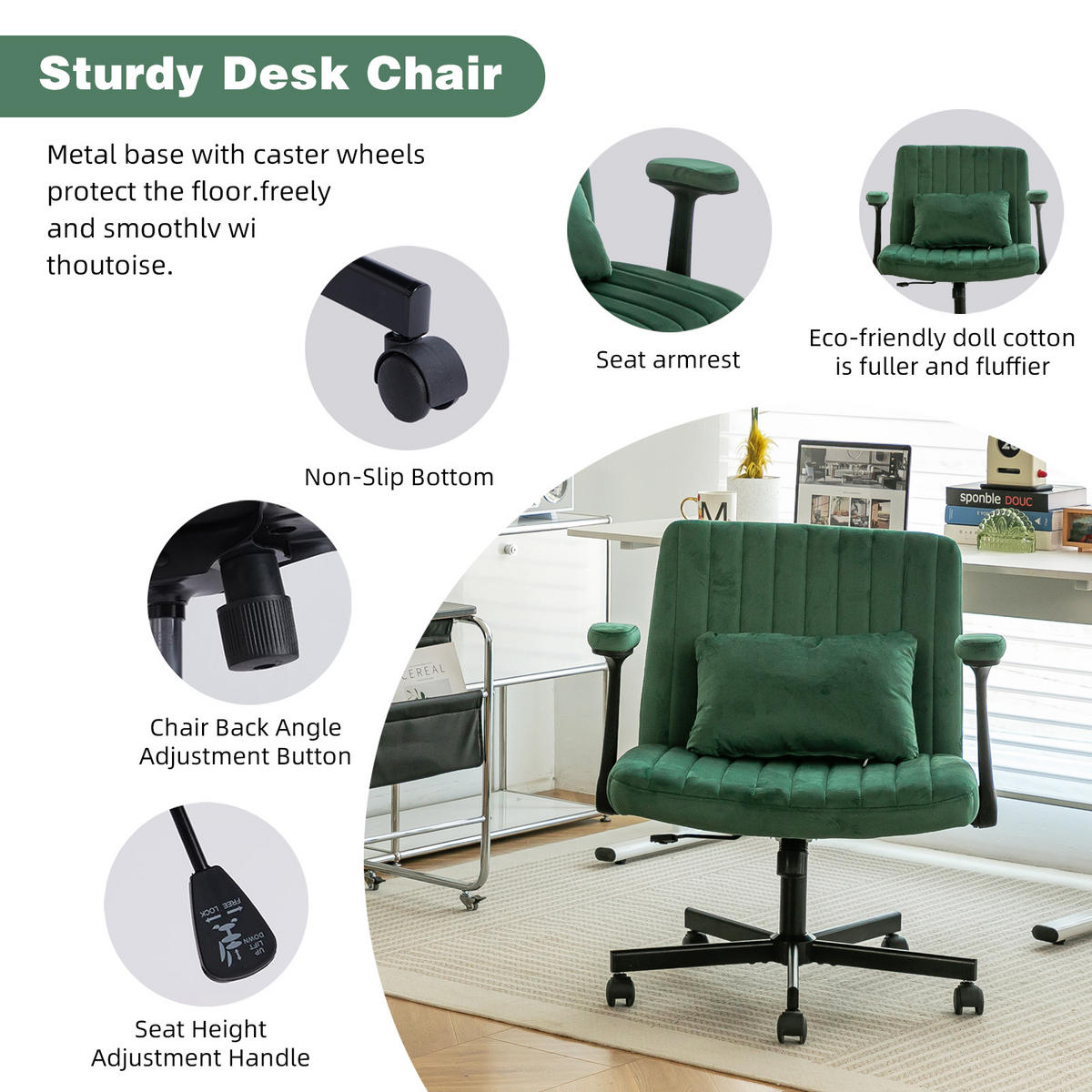 DREHSTÜHLE Samt höhenverstellbar Klapparmlehnen Rollen - Grün, Metall (25.2/33/21.5cm) - SHOPENTRA